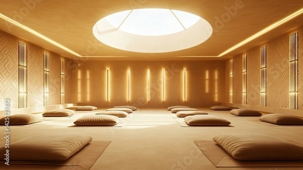 Fototapeta An elegant meditation room with a grand circular skylight spilling natural light onto a collection of soft floor cushions arranged symmetrically