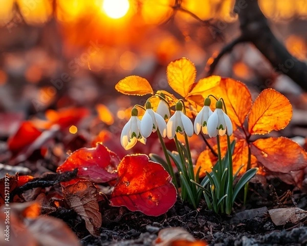 Fototapeta Spring Snowdrops at Sunset in Forest