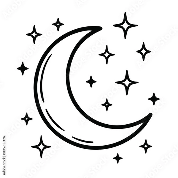 Obraz Vector illustration of a crescent moon with several four-pointed stars in a simple black and white line art style. Represents night, celestial bodies, dreams, and a minimalist graphic.