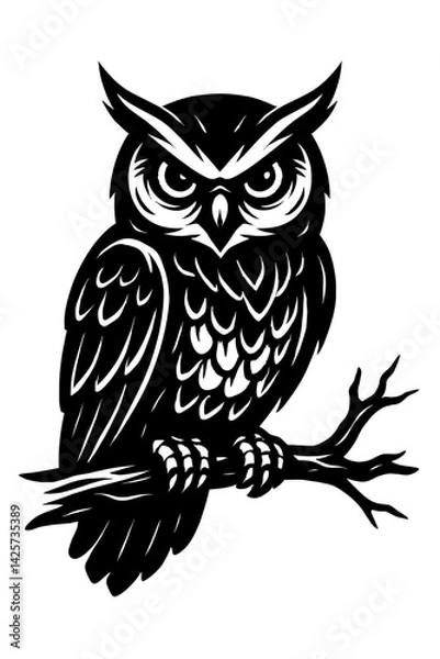 Obraz Vector illustration of a horned owl perched on a bare branch in black and white with detailed feathering. Represents wildlife, birds, wisdom, and a graphic style.