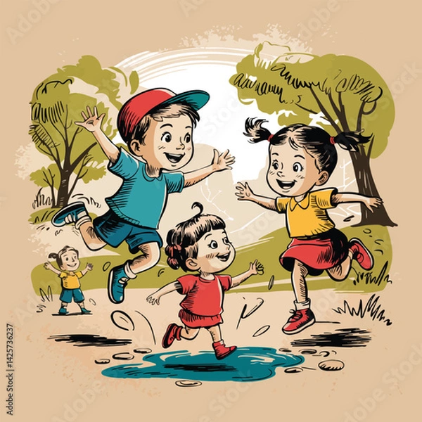 Fototapeta Energetic illustration showing children happily jumping and splashing in a puddle outdoors. Captures the joy and activity of childhood playtime in a dynamic, hand-drawn style.