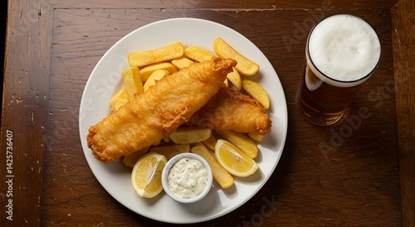 Fototapeta Crispy fish and chips with pint of beer on a rustic wooden table, top view