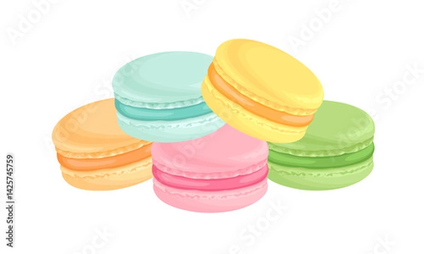 Fototapeta Pile of colorful macarons isolated on white background. 
Vector cartoon flat illustration of bright sweet cakes