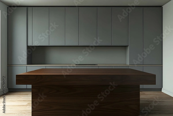 Obraz Modern gray kitchen with a large wooden island.