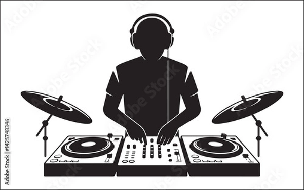 Fototapeta Silhouette DJ at Turntable with Headphones and Drum Set Vector Art