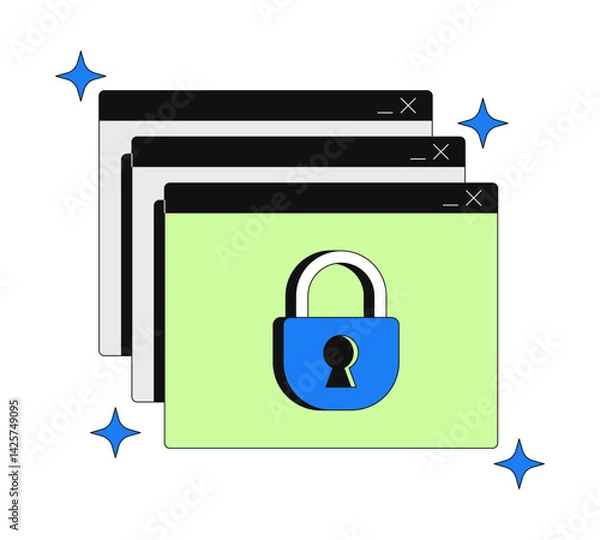Fototapeta Access denied 2D onboarding ui illustration. Security, privacy, user data protection. Sparkles browser windows popups with padlock cartoon concept isolated on white. Flat abstract vector metaphor