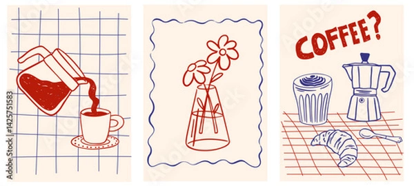 Fototapeta Hand drawn la dolce vita breakfast vintage posters. Whimsical drawings of coffee in doodle ink, chalk, crayon style. Vector Minimalist line art for prints, placards, menus in cafe or restaurant.