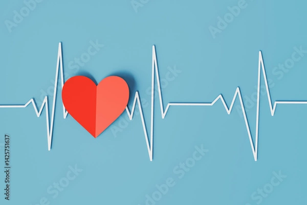 Obraz White heartbeat line with red heart shape on blue background.