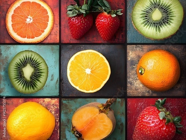 Obraz Colorful collage of various fruits like kiwi, strawberry, orange, and pineapple, vibrant and artistic fruit wall art style