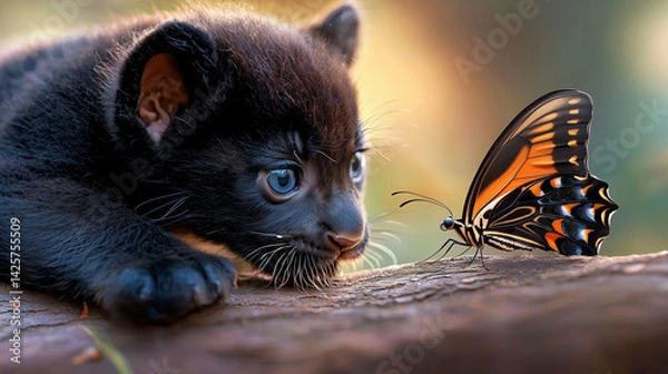 Fototapeta Cub on the Creep, Black Panther & Butterfly