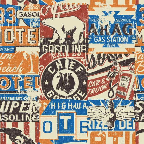 Obraz Vintage motel gasoline car service sign board patchwork grunge vector seamless pattern for fabric wear shirt pillow tablecloth carpet cloth poster