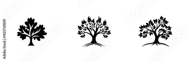 Obraz Set of black tree icons featuring different leaf designs on a white background