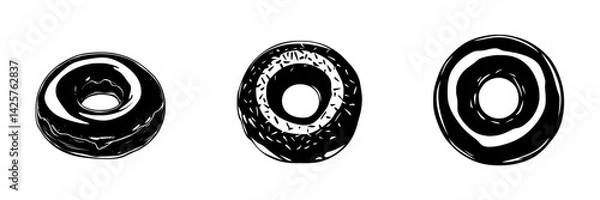 Fototapeta Black icons of donuts showcasing different styles and textures, ideal for culinary designs and food-related projects