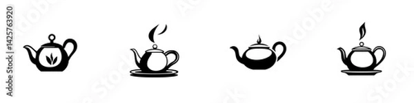Fototapeta Set of four black teapot icons displaying different tea styles and steam effects on a minimalist background