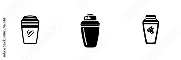 Fototapeta Set of three black icons representing cups and shaker containers for beverages and food preparation