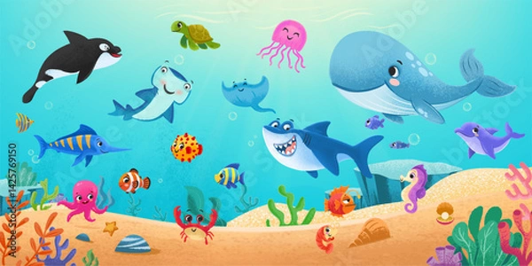 Obraz underwater panorama background with all sea animals and fish