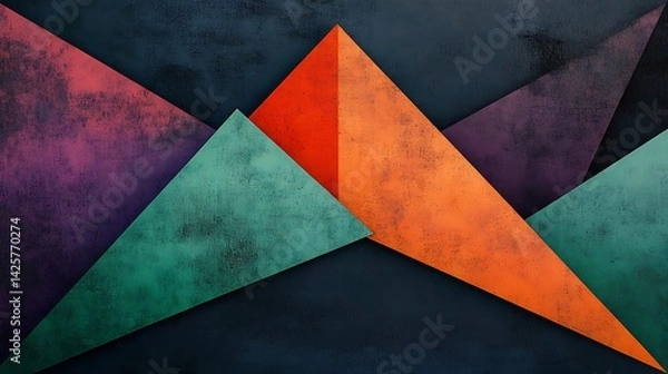 Obraz Layered triangular forms emerging from the center in a directional composition, blending warm orange and purple at the heart into cool green and black-teal tones at the edges,