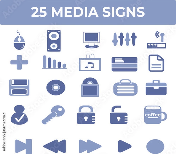 Obraz Twenty-five Media Icons Collection: Computer, Music, and Security Symbols for Website and App Design