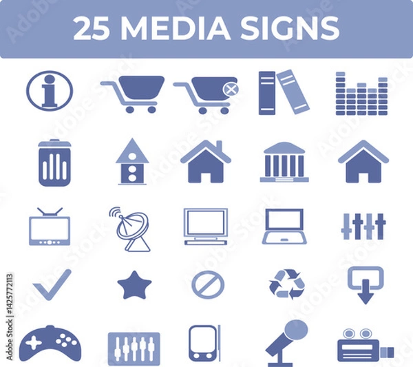 Obraz Twenty-five Media Icons Collection featuring Home, Shopping Cart, and Volume Control Symbols for Website Design