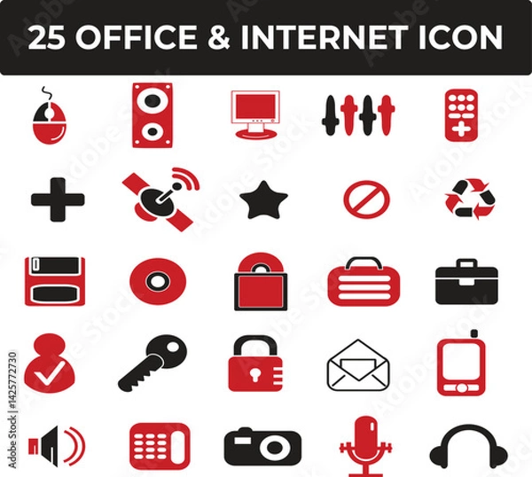 Obraz Collection of Red and Black Office and Internet Icons for Web Design