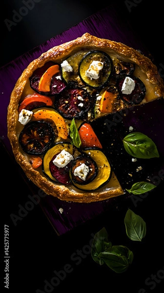 Obraz Homemade traditional salty pie with vegetable filling on black background