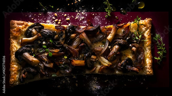 Obraz Homemade traditional salty pie with mushroom filling on black background