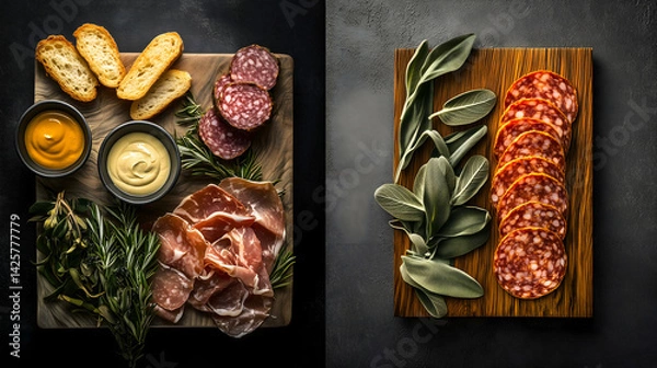Obraz Food board with variety of cuttings and ingredients on dark background. Catering, serving snacks, lunch aesthetic serving, top view