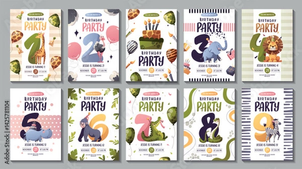 Fototapeta Birthday invitation set with cute jungle animals and numbers. Crocodile, lion, gorilla, elephant, giraffe, zebra, hippopotamus, ostrich, snake. 1-9 years old. Vector illustration.