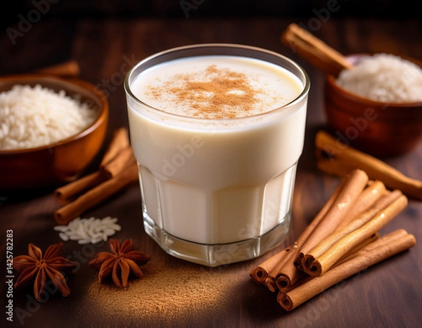 Fototapeta A refreshing glass of horchata, a sweet rice milk drink flavored with cinnamon, is shown with cinnamon sticks and rice.