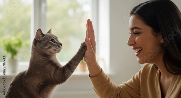 Fototapeta A woman and her cat sharing a high-five, a joyful moment of connection and friendship