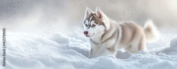 Fototapeta Siberian husky exploring snowy landscape.