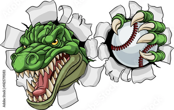 Obraz A crocodile, dinosaur or alligator lizard sports mascot holding a baseball ball