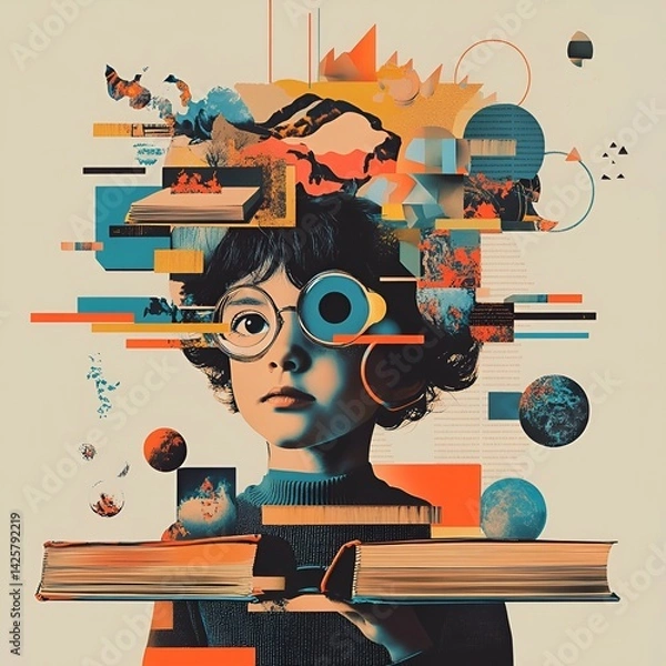 Fototapeta Knowledge and science children with books artistic graphic collage 

