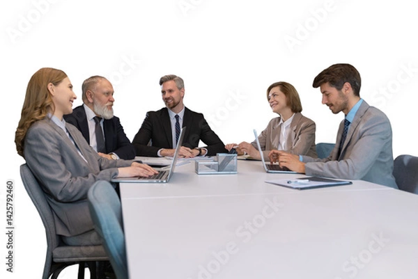 Obraz Business meeting - manager discussing work with his colleagues on a transparent background
