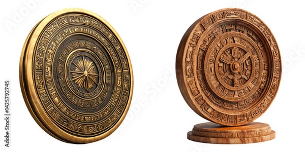 Fototapeta Ancient stone coins with compass and seal symbols isolated on transparent background perfect for treasure hunting, pirate lore, and historical fiction