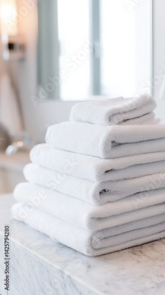 Fototapeta A neat stack of white towels organized on a marble countertop in a bright bathroom, creating a serene and clean atmosphere