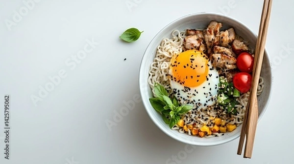 Fototapeta Colorful Pork Ramen Bowl with Toppings on White Background