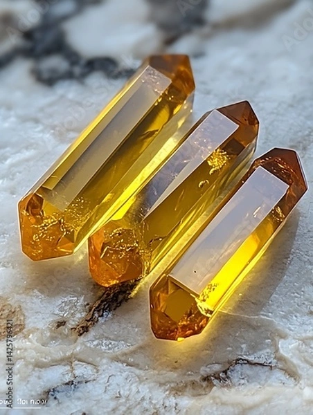 Fototapeta Three Amber Crystal Points on Stone