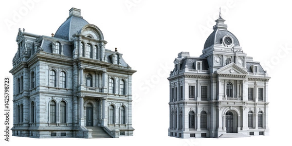 Fototapeta European baroque-style buildings and churches isolated on transparent background perfect for heritage architecture, tourism, and history visuals