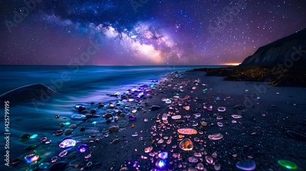 Fototapeta At night, the beach is covered with colorful glowing glass stones and pebbles on it, which glow in neon light colors, Generative AI illustrations.