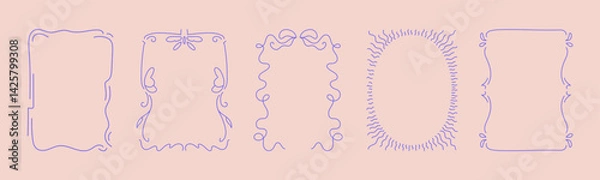 Fototapeta Collection of doodle hand drawn trendy frames with wavy lines, bows and ribbons. Minimalist line art for birthday, christmas, wedding Invitations.