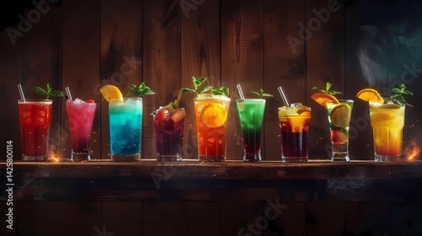 Fototapeta A old wooden table with different kind of mocktails,  mocktails different colors, moody, wood, dark, different colors, Generative AI illustrations.
