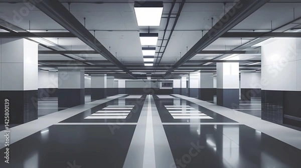 Fototapeta A underground car park in a a block of flats with camera security ,3d, low poly white and black bacground, Generative AI illustrations.