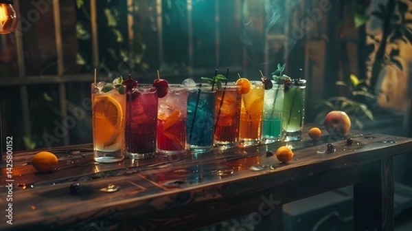 Fototapeta A old wooden table with different kind of mocktails,  mocktails different colors, moody, wood, dark, different colors, Generative AI illustrations.
