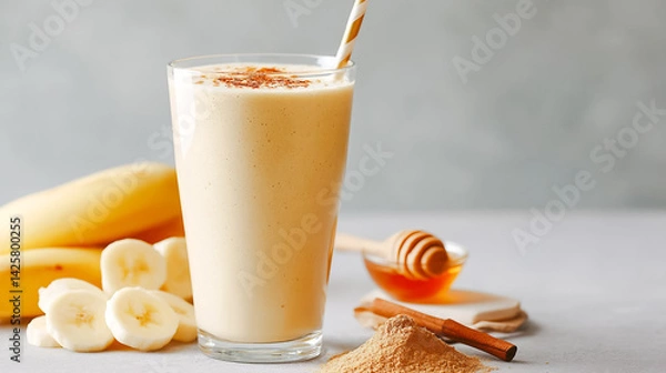 Obraz バナナとシナモンのスムージーと自然素材の健康ドリンク