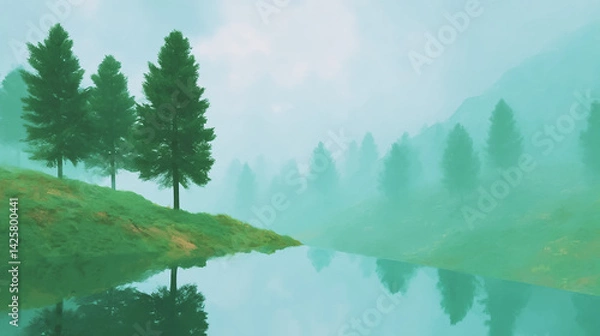 Obraz 霧に包まれた湖畔の松林と幻想的な静寂の風景