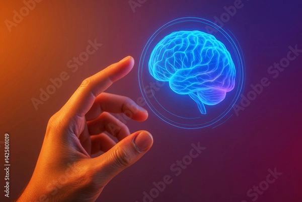 Fototapeta hand reaches towards digital brain hologram symbolizing tech integration in anatomy
