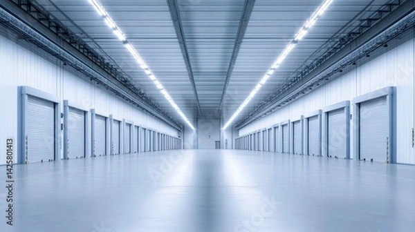 Obraz Modern Industrial Warehouse Interior with High Ceilings and Roller Doors Designed for Storage