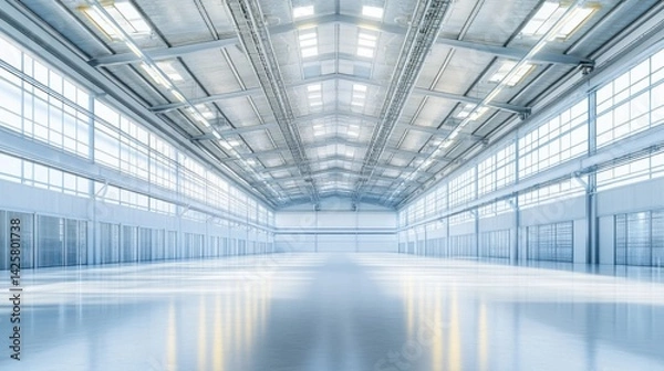 Obraz Bright and Spacious Industrial Warehouse Interior with Concrete Floor and Large Windows