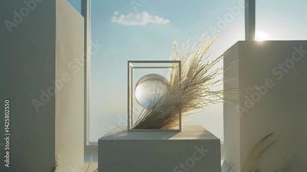 Fototapeta A off white vitrine column with rectangular bell with a central and perfect ball of levitation grass inside with a hollowed-out cube in the center against a sky background,  Generative AI illustration